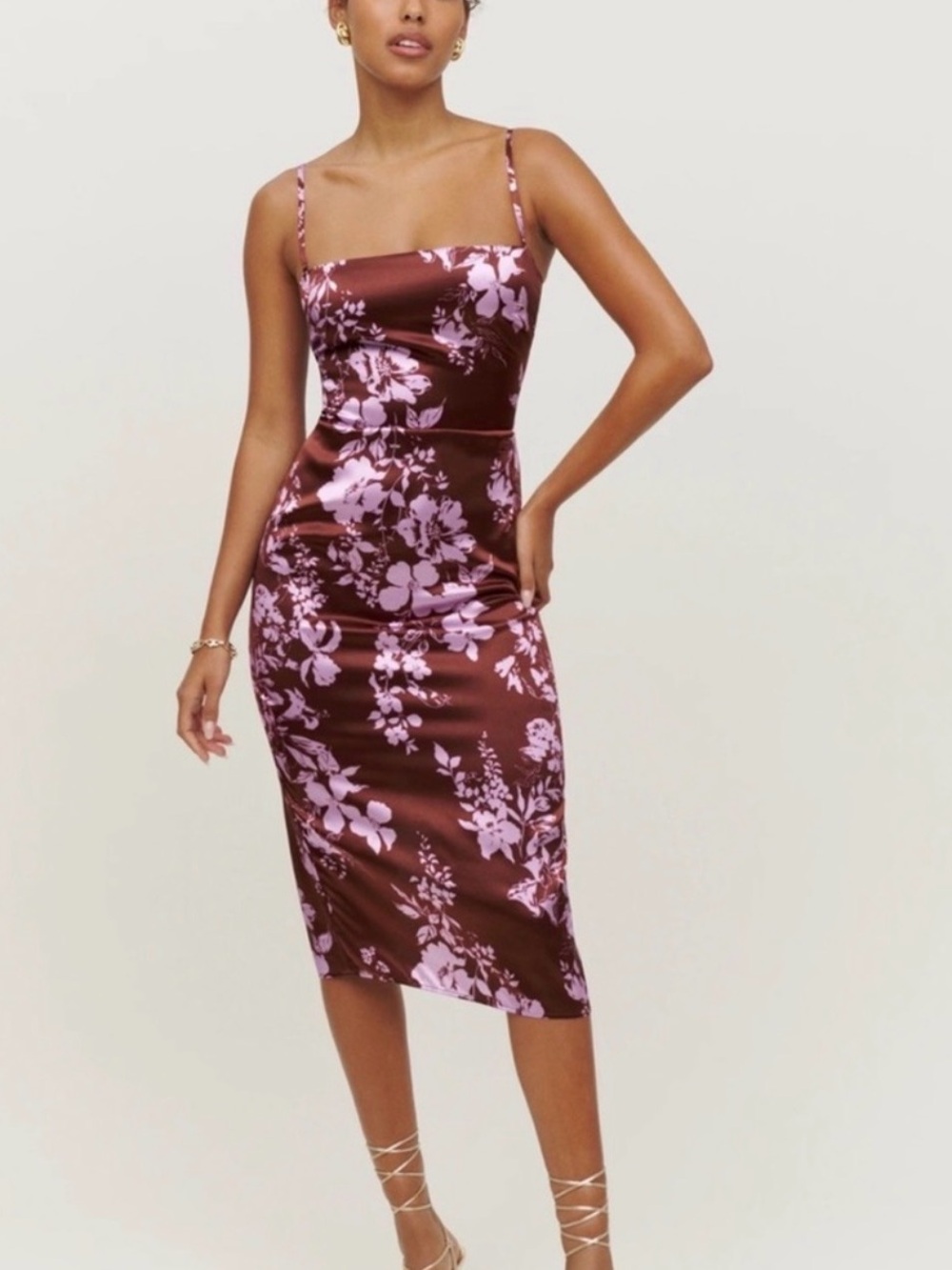 Reformation Silk Dress in Brown and Pink Oaklie